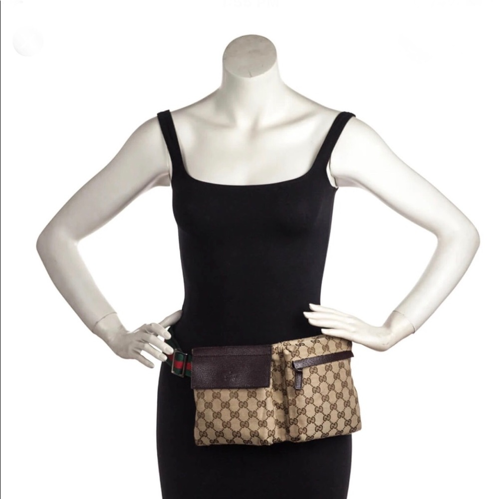 Gucci Beige GG Supreme Dual-Pocket Crossbody with Green and Red Web Strap - Picture 2 of 13